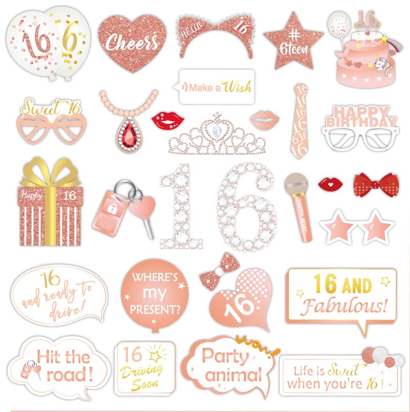Konsait Rose Gold 16 Birthday Photo Booth Kit(30count), Sweet 16 Props Funny Chic Sweet Sixteen Photo Props with Sticks for Girls 16th Happy Birthday Party Favors Supplies Bday Party Decorations - Image 1